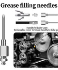 Grease Gun Needle Tip Kit 7 Pc With 5 Needle Tips, Rubber Adapter, and Dispenser shown illustrating use in machinery lubrication.