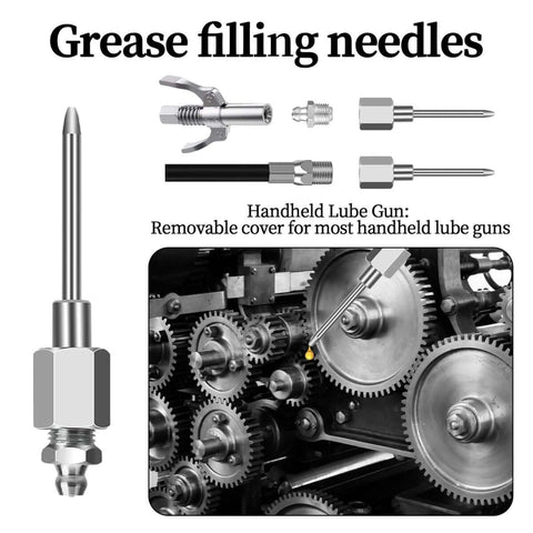 Grease Gun Needle Tip Kit 7 Pc With 5 Needle Tips, Rubber Adapter, and Dispenser shown illustrating use in machinery lubrication.