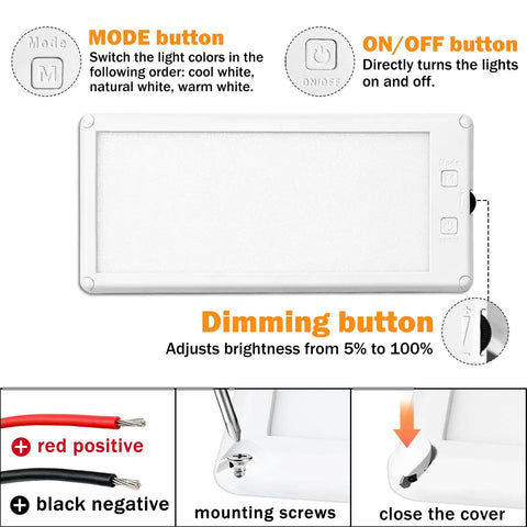 4 Pack Interior RV Lights LED Dome Ceiling Fixtures 12V with dimming, mode, on/off buttons, wiring details, and mounting screws.
