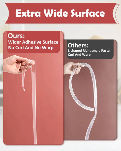 Comparison of clear edge protectors showing wider adhesive surface option versus L-shaped curling edge alternative.