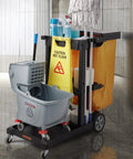 Three Shelf Cleaning Cart That Packs 200 Lb Capacity, 25 Gallon PVC Bag And Cover, Heavy Duty Janitorial Cart Built For The Hustle, 47 x 20 x 38.6 In, Yellow And Black, Mobile Housekeeping Cart For Commercial Use