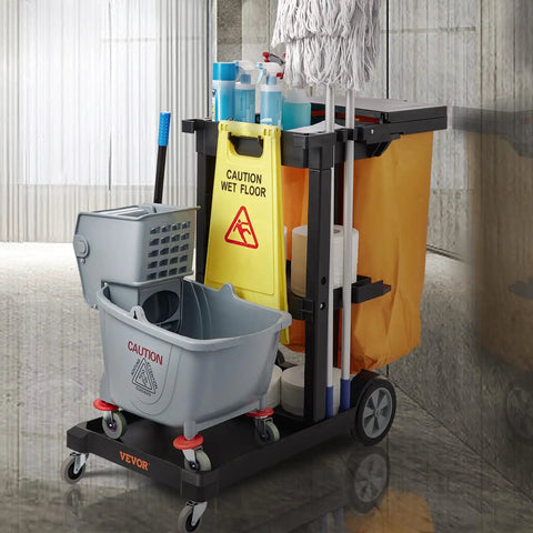 Three Shelf Cleaning Cart That Packs 200 Lb Capacity, 25 Gallon PVC Bag And Cover, Heavy Duty Janitorial Cart Built For The Hustle, 47 x 20 x 38.6 In, Yellow And Black, Mobile Housekeeping Cart For Commercial Use