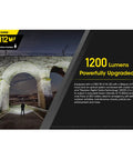 Image of MH12V2 Plus NL2150 1200 Lumen USB Rechargeable Tactical Flashlight illuminating an archway.