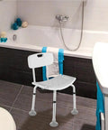 Bathroom with shower chair featuring non slip shower chair foot caps 12 pack heavy duty TPR pads for bath seat replacement.