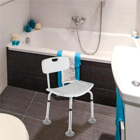 Bathroom with shower chair featuring non slip shower chair foot caps 12 pack heavy duty TPR pads for bath seat replacement.