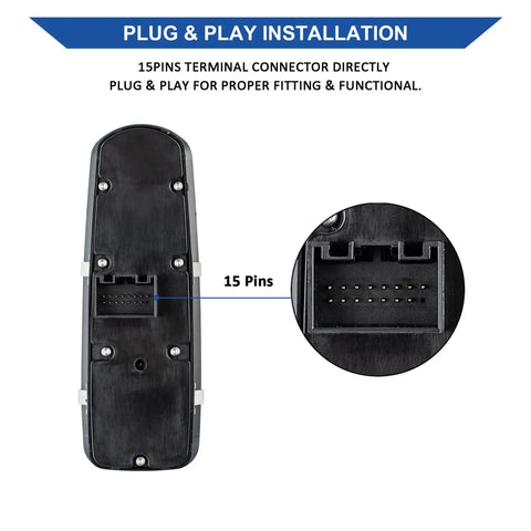 Back view of Master Power Window Switch Driver Side Replacement for Porsche with 15-pin connector, 2015-2018 Macan, 2011-2016 Panamera, Cayenne 2011-2018.