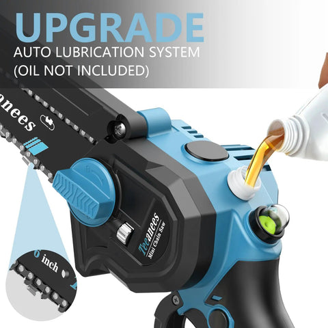 Close-up of blue cordless mini chainsaw with auto lubrication system, showing oil being poured. Cordless Mini Chainsaw With Dual 8 Inch And 6 Inch Guide Bars, 1000W Battery Powered Saw With Two Batteries And Eight Chains For Quick Wood Cutting, Tree Trimming, Yard Cleanup, Camp Gear, Blue