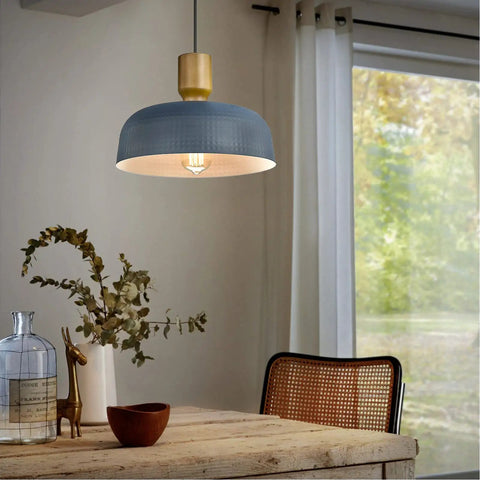 Lit Hammered Metal Pendant Light With Adjustable Height Modern Ceiling Hanging Fixture For Kitchen Island Faux Wood Top Iron Pendant Lamp Rustic Yet Sleek Lighting For Dining And Bar Areas