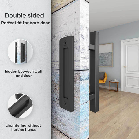 12 Inch Sliding Barn Door Handles And Pulls Hardware Rustic Double Sided Built Tough Heavy Duty Matte Black Powder Coated Finish Easy Install Square Style 2 Pack Set installed on barn door between room and hallway.