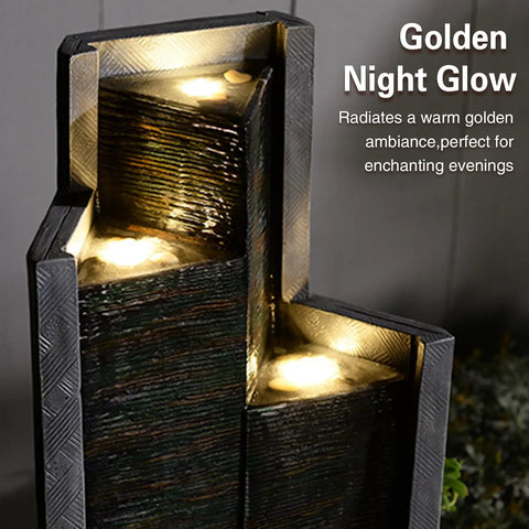 Modern Outdoor Water Fountain With LED Lights, 49.6 Inch Cascading Waterfall For Indoor Or Outdoor Use, illuminated at night with golden glow