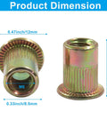 M6 Carbon Steel Rivet Nuts Kit With 100 Pieces Gold Finish Threaded Nutserts SAE Rivnut Inserts detailed dimensions shown