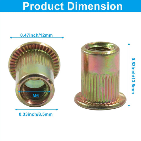 M6 Carbon Steel Rivet Nuts Kit With 100 Pieces Gold Finish Threaded Nutserts SAE Rivnut Inserts detailed dimensions shown
