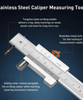 Stainless steel Vernier Caliper 0-8 Inch and 0-200 MM Dual Scale with carbide scriber, measurement markings visible.