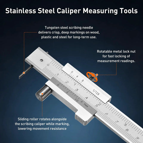 Stainless steel Vernier Caliper 0-8 Inch and 0-200 MM Dual Scale with carbide scriber, measurement markings visible.