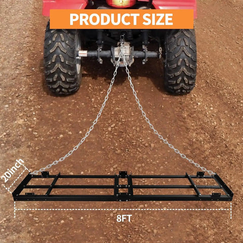 Tow Behind Drag Harrow Driveway Grader For ATVs UTVs And Tractors 8 ft heavy-duty landscape rake attached to ATV on gravel