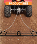 8 Foot Driveway Drag Harrow For ATVs And UTVs, Heavy Duty Steel Tow Behind Grader attached to ATV demonstrating size