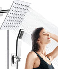 Built To Last High Pressure All Metal Rain Shower Head With Handheld Combo, 8 Inch Wide Shower Head in use, woman enjoying shower