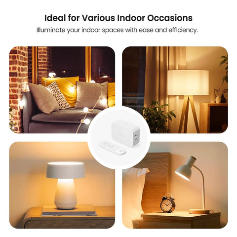 2 In 1 Dimmer Plug With Remote No Smart Features, Wireless Control Outlet With Up To 100 Ft Range, Plug In Dimmer Switch For Dimmable Bulbs And String Lights, Max 300W shown with various indoor lighting setups.