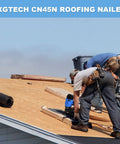 Workers using 15 Degree Roofing Nailer With Low Recoil For Three Quarter To One And Three Quarter Inch Coil Nails on roof
