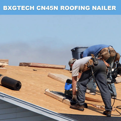 Workers using 15 Degree Roofing Nailer With Low Recoil For Three Quarter To One And Three Quarter Inch Coil Nails on roof