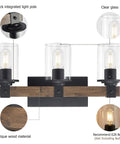 4-Light Industrial Farmhouse Vanity Lights With Rustic Wood And Clear Glass, Modern Metal Wall Sconce featuring antique wood material