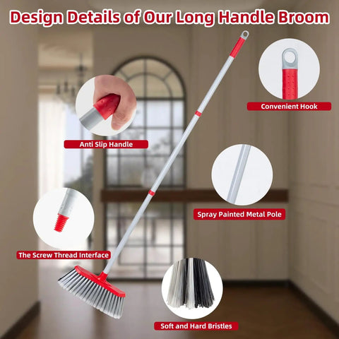 Design details of Double Sided Broom With Long Handle Heavy Duty Indoor Outdoor Workhorse for pet hair and debris, 51-inch reach.