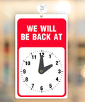 Be Right Back Sign With Clock For Office And Storefront Doors Red And White With Suction Cup Be Back Soon Signage