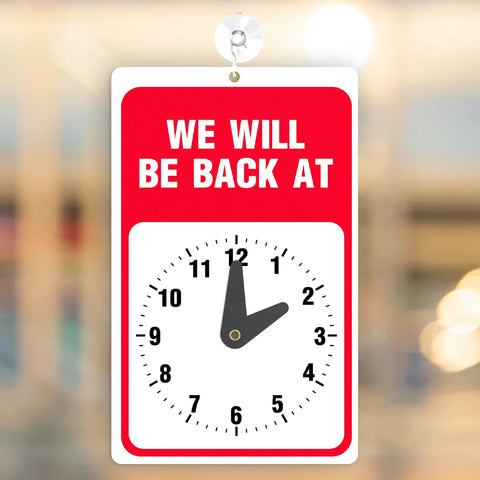 Be Right Back Sign With Clock For Office And Storefront Doors Red And White With Suction Cup Be Back Soon Signage