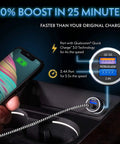 Keep Your Rig Charged Dual Port Car Charger With Quick Charge 3.0 and Six Foot Heavy Duty Nylon Braided USB C Cable for Motorola Phones showing dual ports with charging phone.