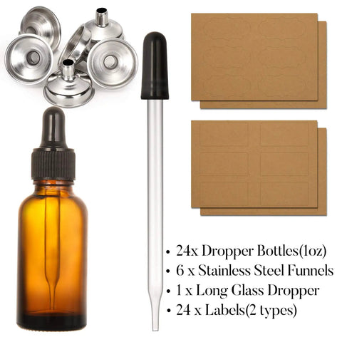 Super Durable 24 Pack 1 Oz Amber Glass Eye Dropper Bottles With Stainless Funnels And Label Sheets Real Deal For Essential Oils And Homecraft Projects Totally Leak Free Awesome For Travel And Weekends