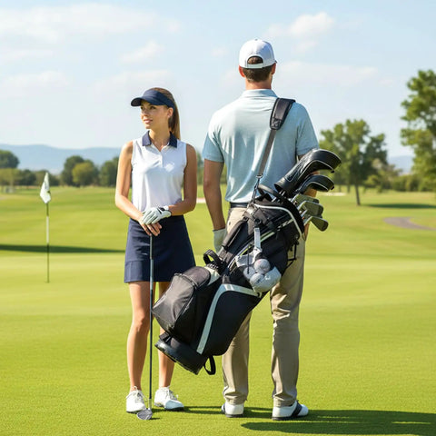 Golfers on course with Two Pack Golf Ball Storage Bags Nylon Mesh Pouches With Drawstring Organizer, Large Capacity Shag Bag
