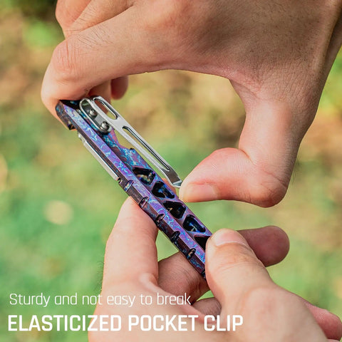 Hands holding a Titanium EDC Pry Bar Keychain Multitool Pocket Tool With Bottle Opener And Small Screwdriver, showing elasticized pocket clip.