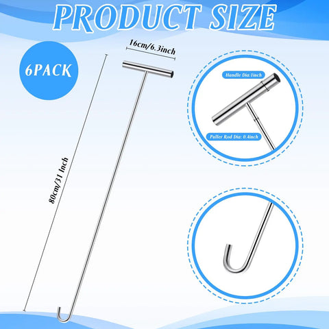 Diagram showing Beefy Six Pack 31 Inch Heavy Duty Steel J Hook Lifting Hooks Set for Pulling Manhole Covers and Storm Drains with dimensions.