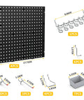 Black Plastic Pegboard Wall Organizer Panels, 4 Pack of 17.5x17.5 Inches, shown with hooks and storage accessories.