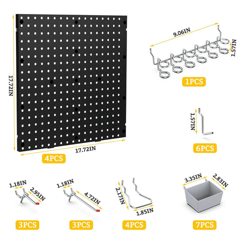 Black Plastic Pegboard Wall Organizer Panels, 4 Pack of 17.5x17.5 Inches, shown with hooks and storage accessories.