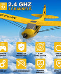 Noob Friendly RC Plane With XPILOT Stabilization System Prop Saver And One Key U Turn flying in blue sky with features listed