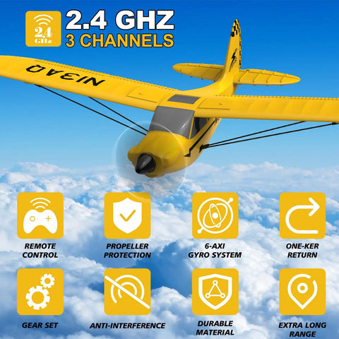Noob Friendly RC Plane With XPILOT Stabilization System Prop Saver And One Key U Turn flying in blue sky with features listed