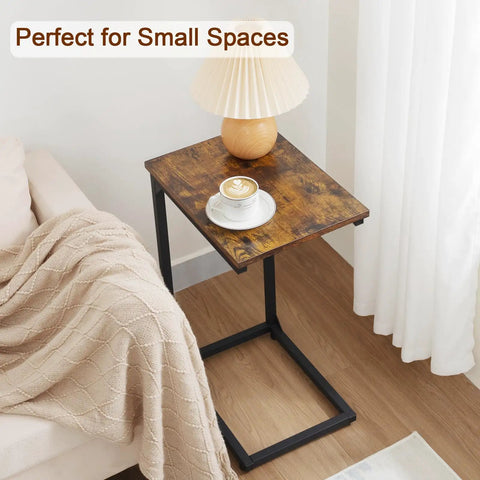 C Shaped End Table That Slides Under Couch For Small Spaces TV Tray Snack Table And Laptop Desk Brown Living Room Side Table