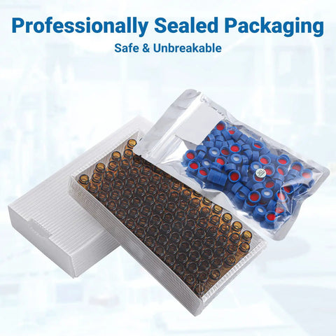 Pro Move 2ML Amber Glass Autosampler Vials With 9-425 Screw Top Caps And PTFE Silicone Septa For HPLC And GC Chromatography Labs 1000 Pack in sealed packaging.