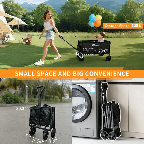 Collapsible Wagon Cart With All Terrain Wheels Foldable Beach Grocery Cart 380 Lb Heavy Duty Load Capacity For Shopping Beach Camping Sports Garden Black Lightweight