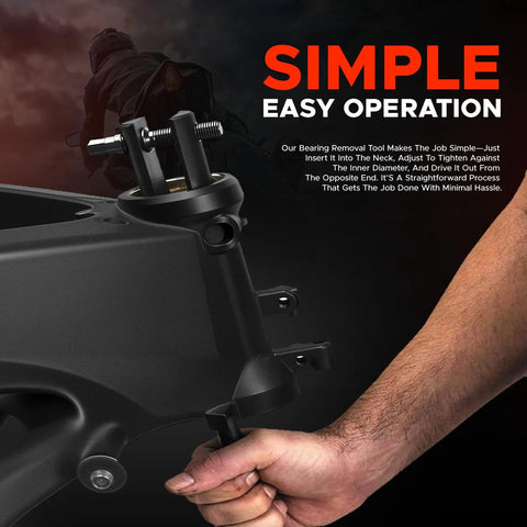 Rogierra bearing race puller installed on motorcycle steering stem; side view extracting 1-1/8–2-5/8 in ID races.