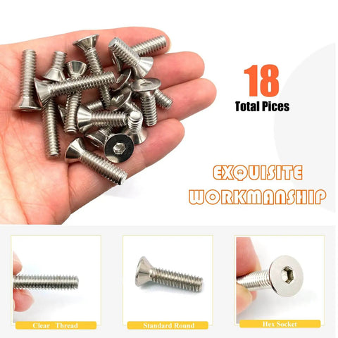 Hand holding 18 Piece 1/4-20 Countersunk Head Socket Cap Screws Set With Allen Keys in 304 Stainless Steel Four Lengths