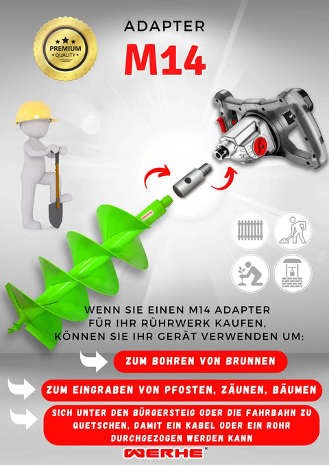 Go-To Earth Drill Adapter With M14 Thread For Concrete Mixers And Auger Drills, green auger, ideal for posts and tree planting