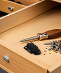 Vintage Iron Draw Latch Lock Set 4 Pcs Black Retro Cabinet Door Hardware With Quick Setup on wooden drawer with tools.