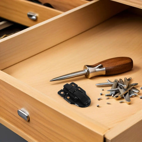 Vintage Iron Draw Latch Lock Set 4 Pcs Black Retro Cabinet Door Hardware With Quick Setup on wooden drawer with tools.