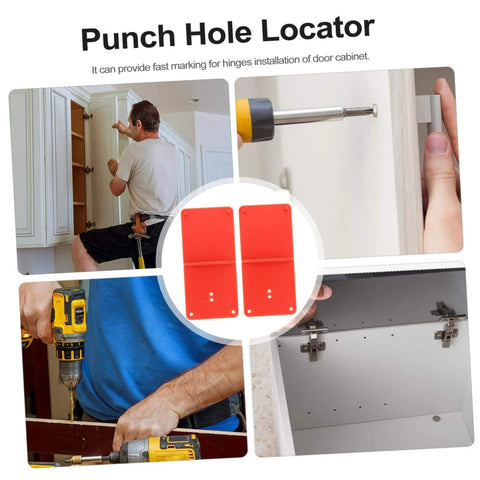 Punch hole locator tool set used for precise hinge alignment in cabinet door installations, featuring red plastic templates.