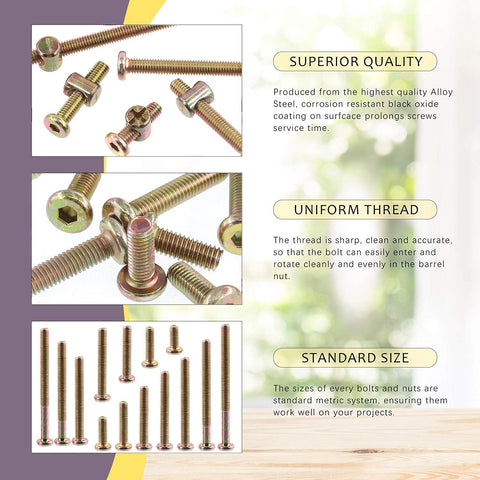 181Pcs M6 Hardware Kit For Crib And Furniture With Flat Head Hex Socket Cap Bolts, Barrel Nuts, Images and Quality Description