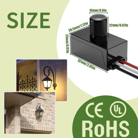 3 Piece Dusk To Dawn Sensor Switch For Outdoor Lighting 120 277V IP65 Waterproof Photo Cell with size dimensions and certifications