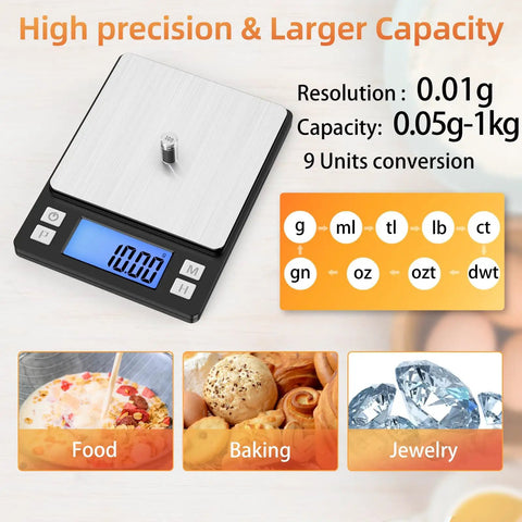 Ultra Precision Digital Gram Scale 0.01g 1000g Capacity with display showing 10.00g, unit conversions, and food uses.