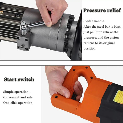 Cutpoy Electric Hydraulic Rebar Bender Steel Bar Bending Machine With Positioning Pin For 4Mm To 32Mm Rods showing pressure relief handle and start switch.